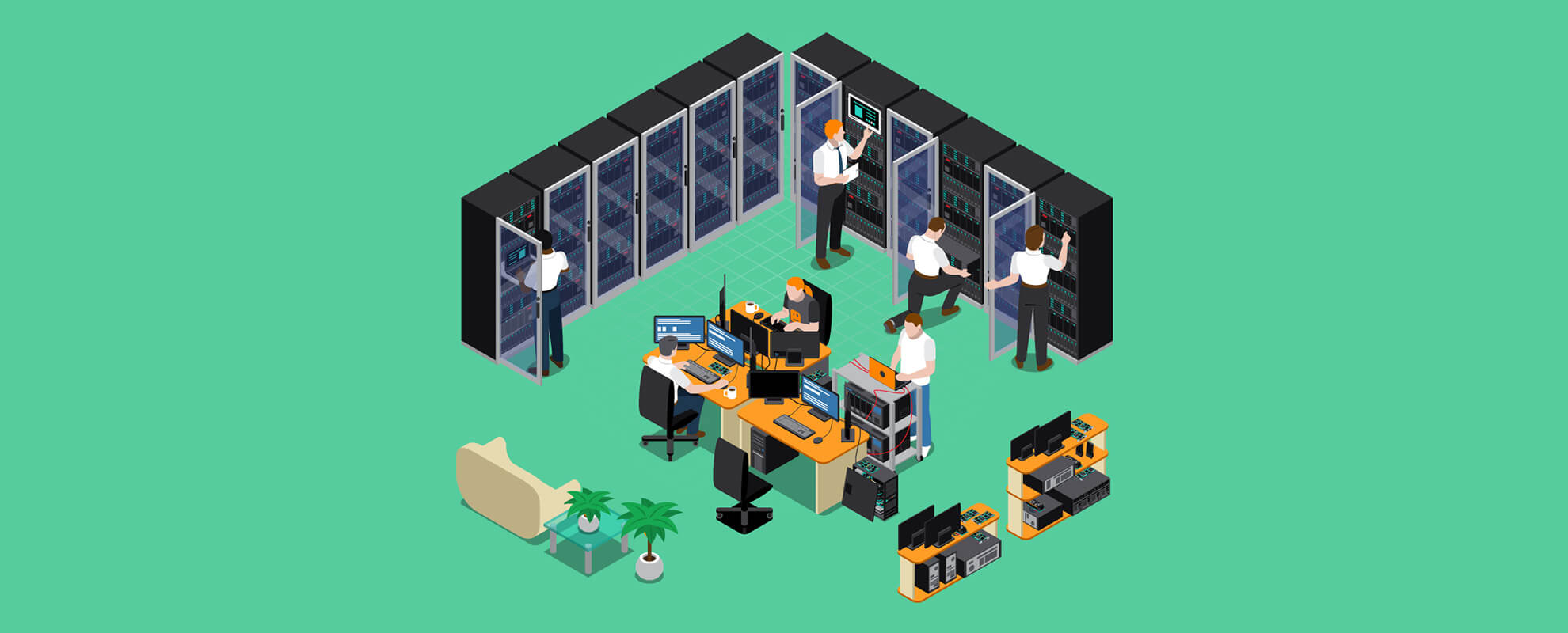 オフィスで働いているスタッフのアイソメトリックイラスト