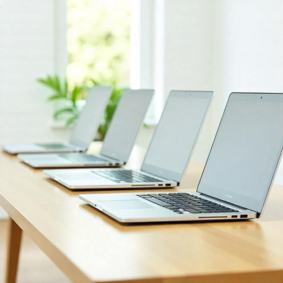 机の上に並べられた複数のノートパソコン